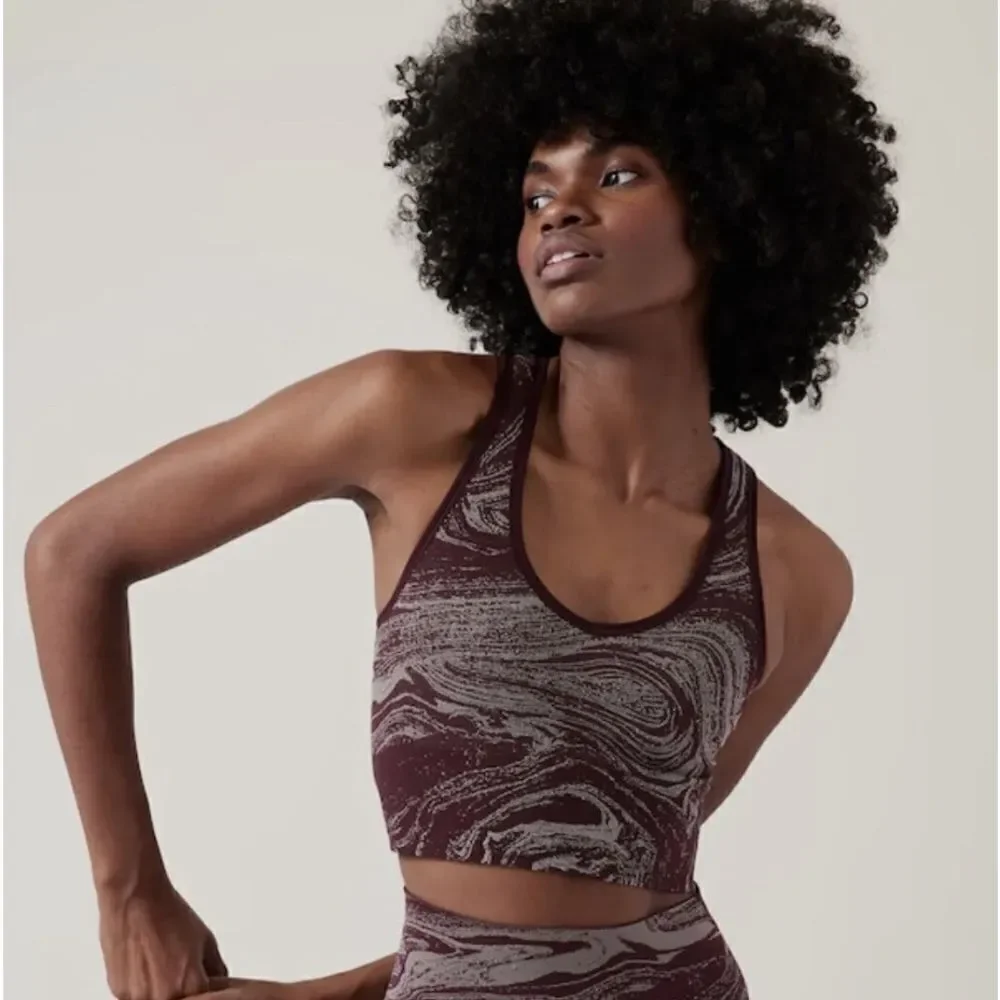 Athleta Aurora Seamless Shine Crop Rib Tank V Neck Bra Sparkle Spiced Cabernet S